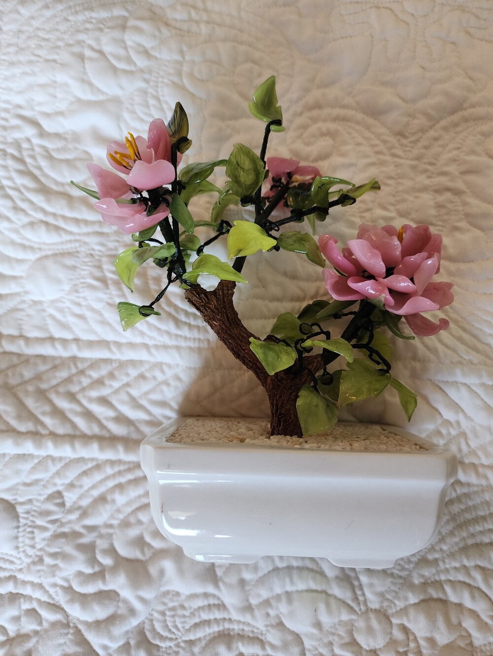 Vintage Pink Floral Glass Flower Jade Leaf Bonsai Accent Arrangement Chinese